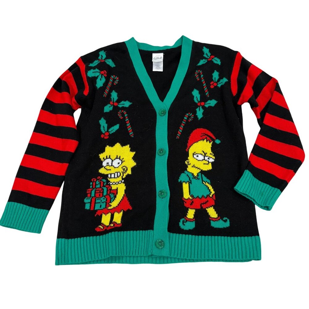 The Simpsons Holiday Cardigan Sweater Black/Red Striped Lisa & Bart Design S Acr